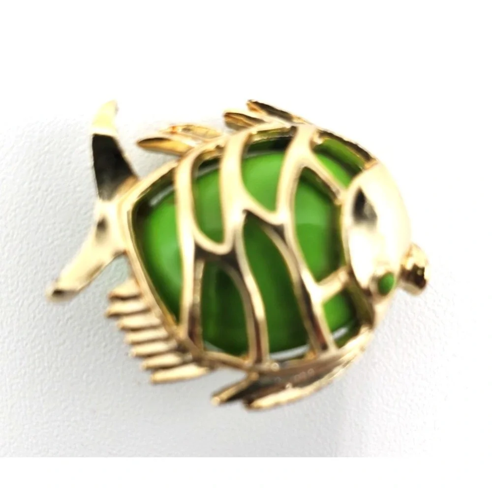 Vintage Green Enameled Angel Fish Pin Brooch  Gold Tone